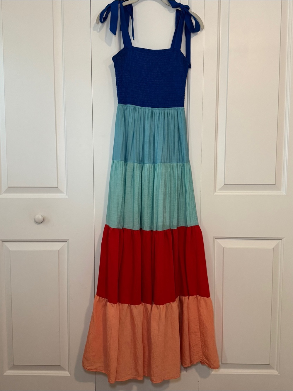 Colorblock Smocked Tie-Shoulder Maxi Dress - Blue, Teal, Red & Peach